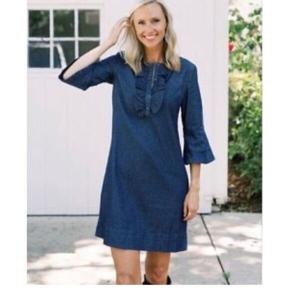 Draper James Dress Blue Denim Chambray Cotton Ruffled Front Casual - Picture 1 of 9